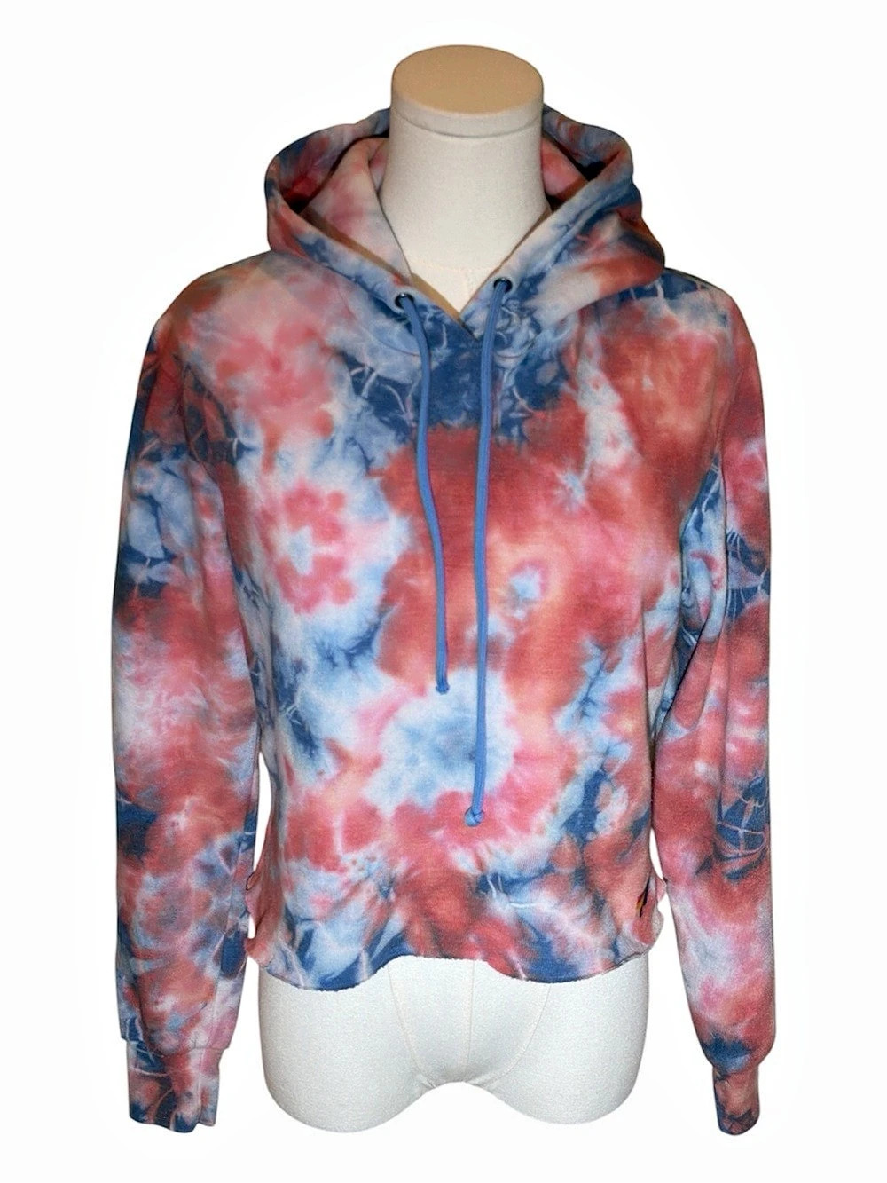 Aviator Nation Cropped Tie Dye Pullover Hoodie Blue Red Raw Hem Size XS